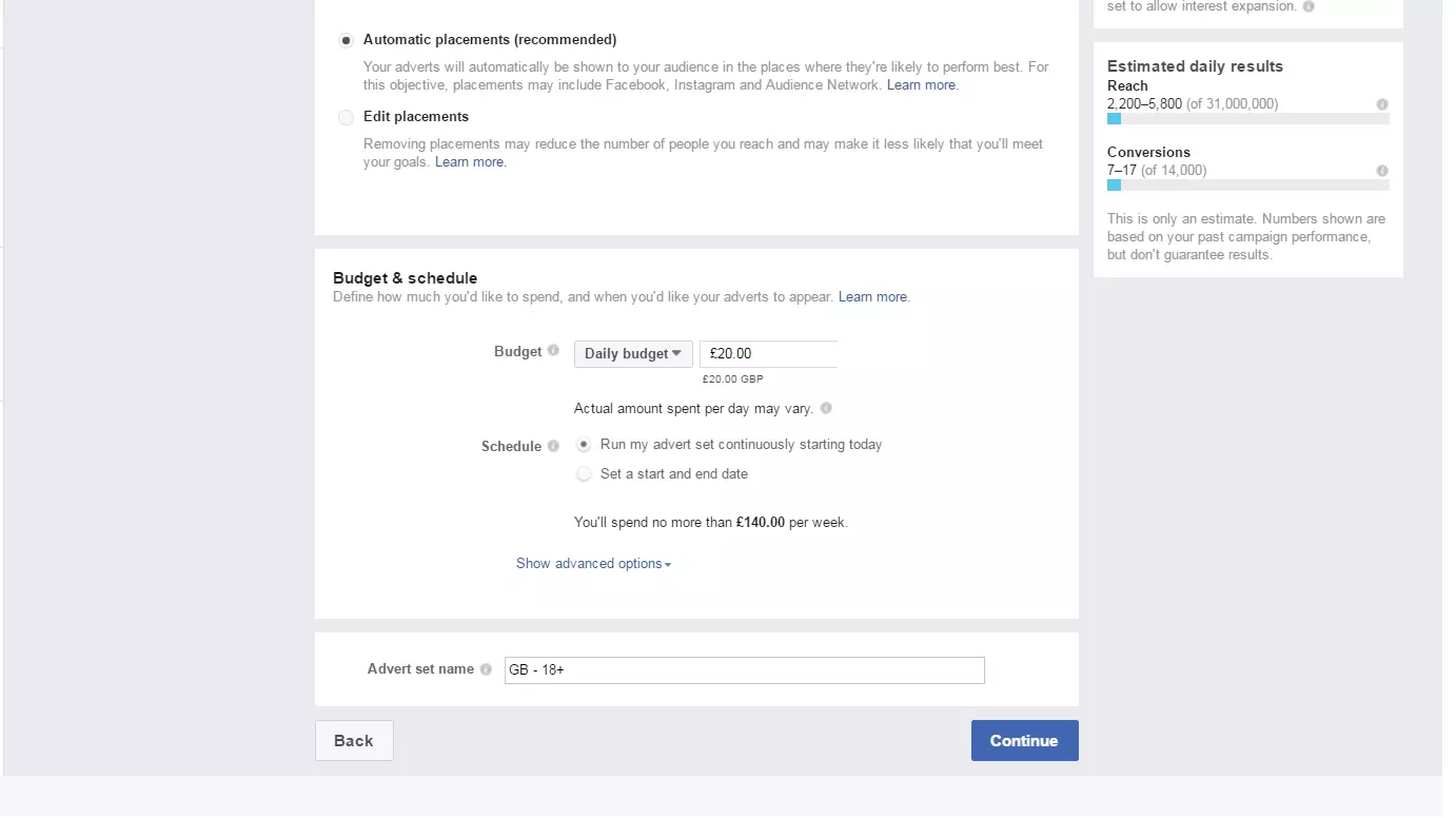 Budget and schedule for Facebook ads