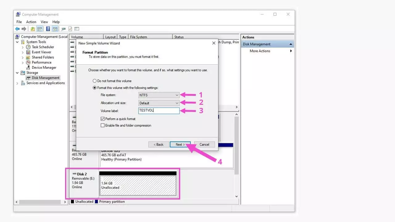 Windows Disk Management showing the menu for creating partitions 