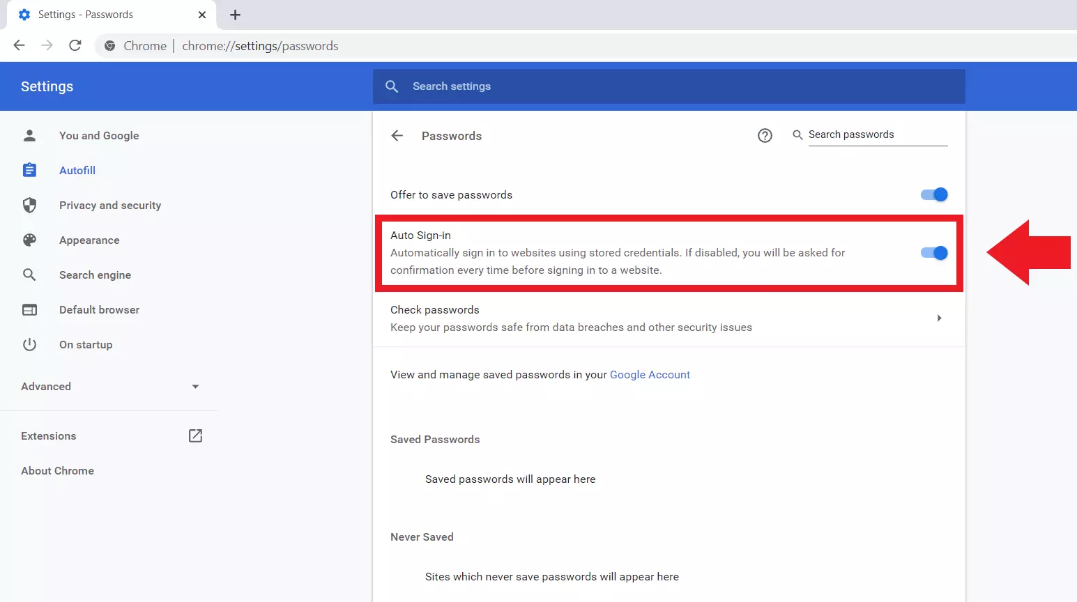 Google Chrome: ‘Passwords’ menu, ‘Auto Sign-in’ option