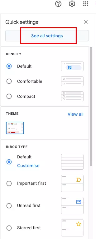 Settings menu in Gmail