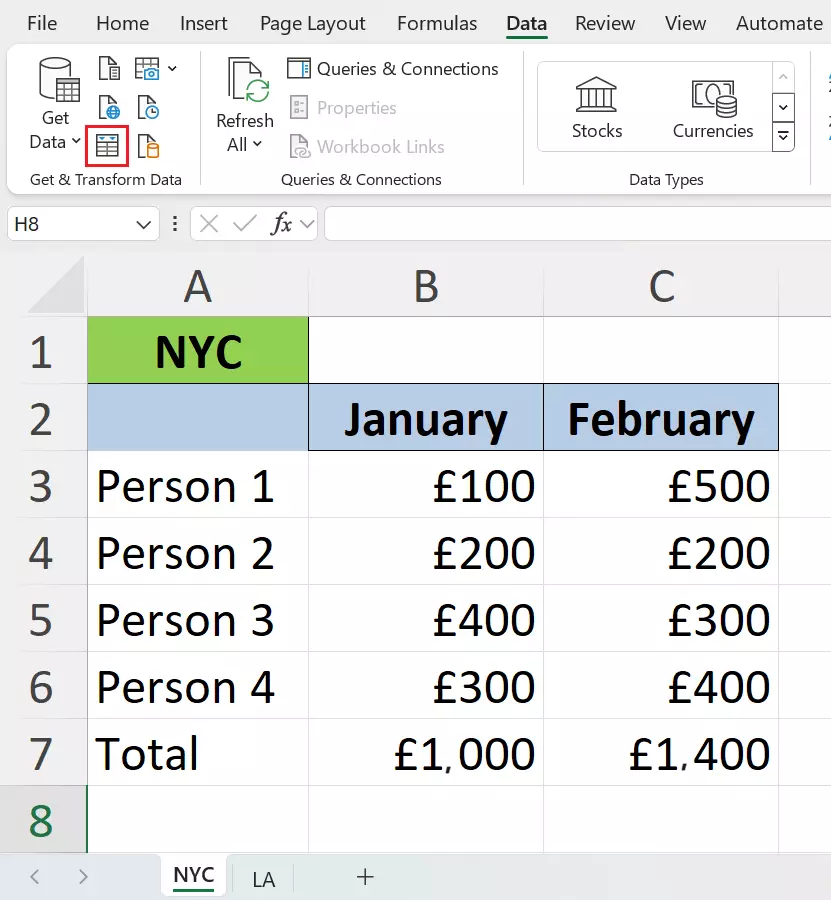 Click on ‘Data’ and ‘From Table/Range’ to open the Power Query Editor