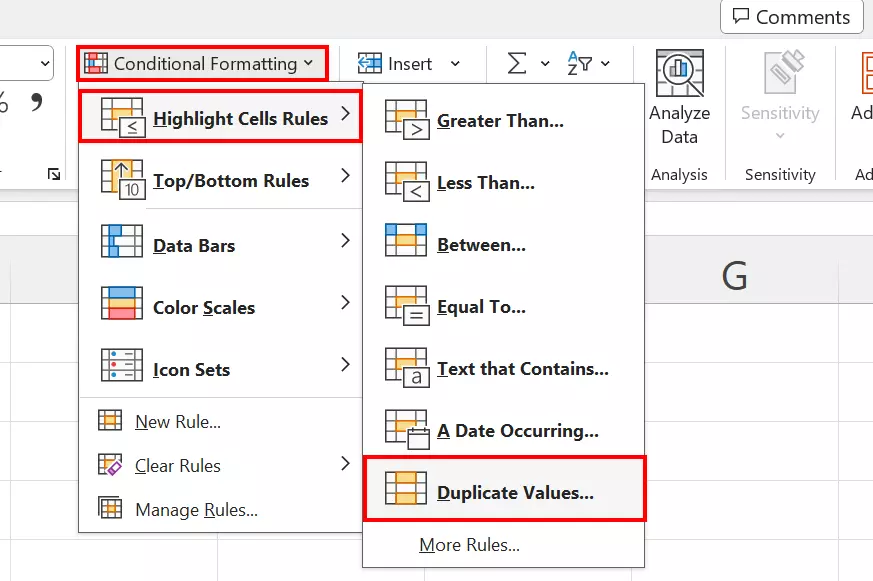 The Conditional Formatting menu in Excel with the option to display duplicates