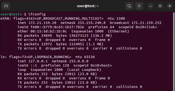 Screenshot of the ‘ifconfig’ command in Linux