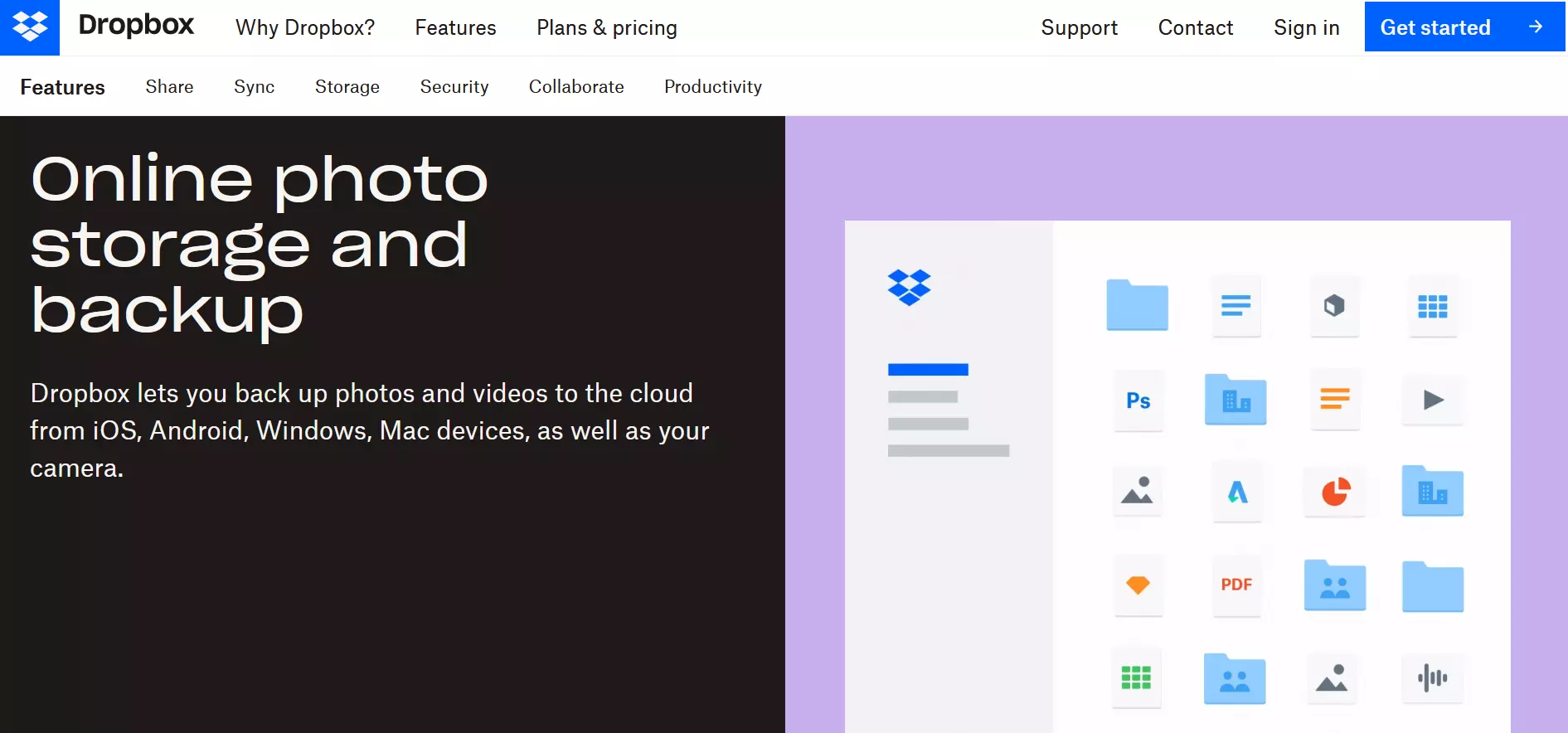 Screenshot of the Dropbox page ‘Online photo storage and backup’