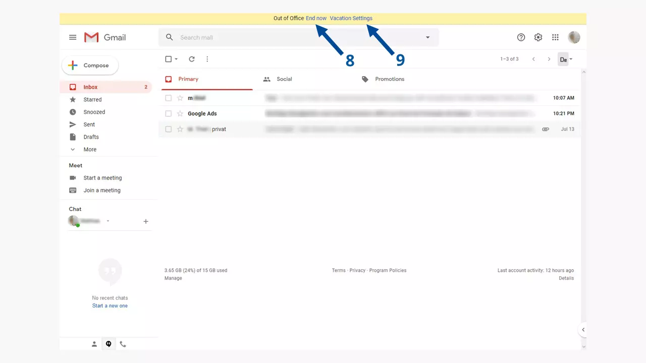 Gmail out-of-office note: the active out-of-office note is displayed in colour