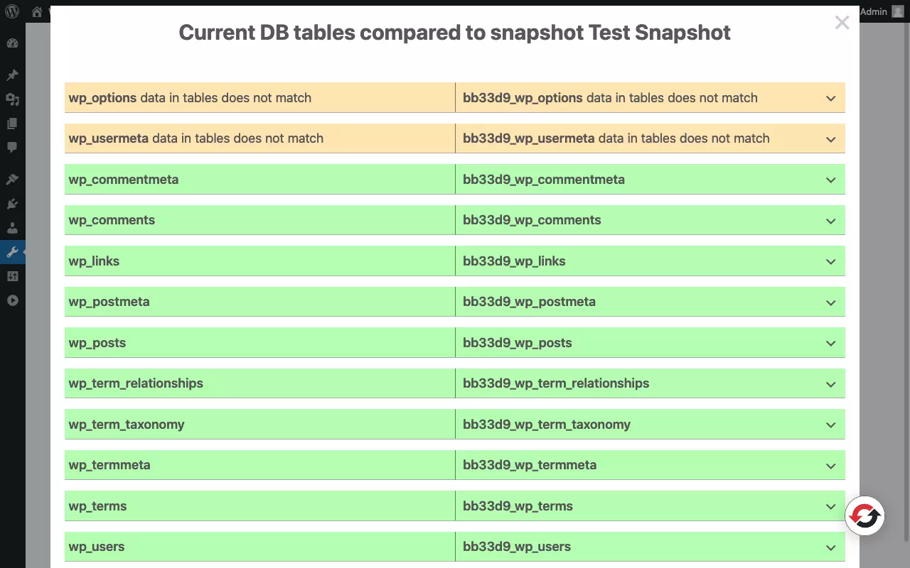 Screenshot of the snapshot page of the 'WP Reset' plugin with snapshot comparison