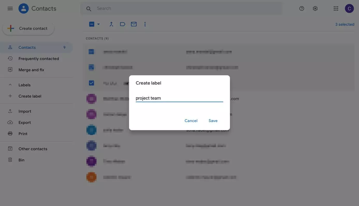 Google Contacts: “Create label” dialog box