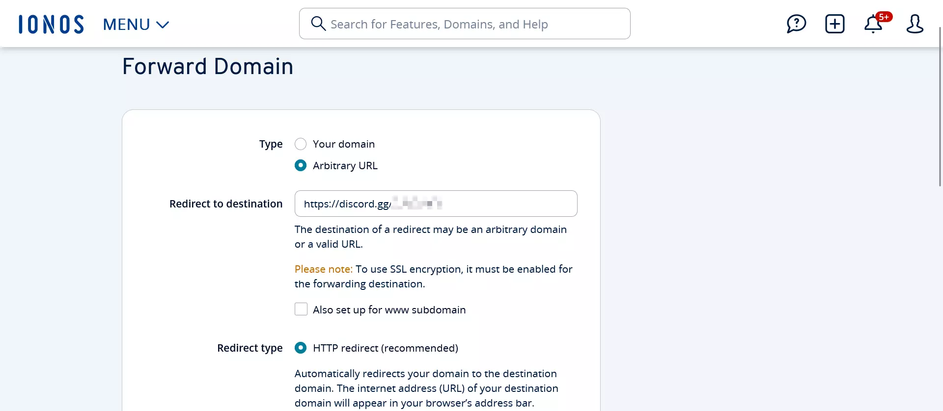 Forwarding settings for your Discord server domain