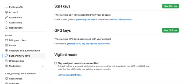 The GitHub account settings page