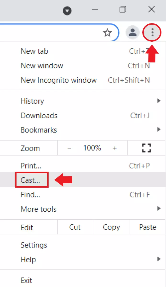 To start broadcasting from your PC to your TV, go to ‘Cast’ in the three-point menu