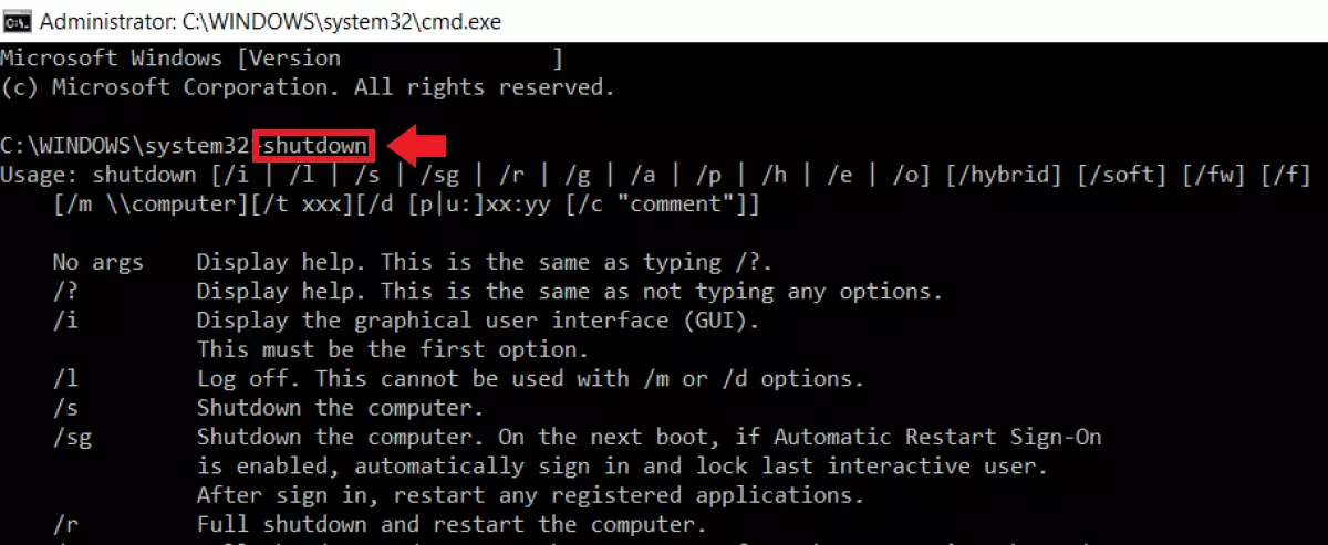 The command options for the shutdown command in the command prompt