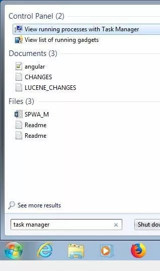 Windows 7: search result for term ‘task manager’
