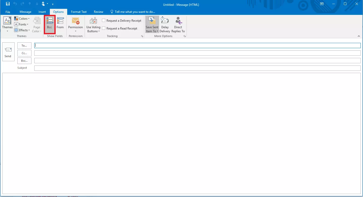 Outlook 2016: The “Bcc” button in the “Options” tab