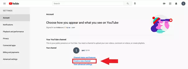 YouTube settings: ‘Create a new channel’