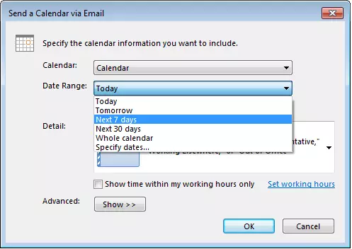 Timing options in the “Send Calendar via Email” dialogue window.