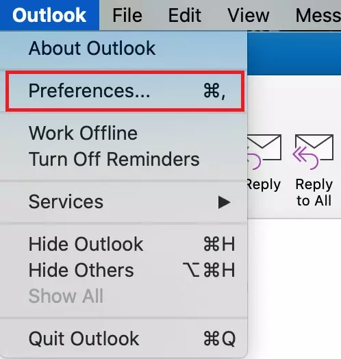 Outlook for Mac: Dropdown menu with ‘Preferences’ menu option