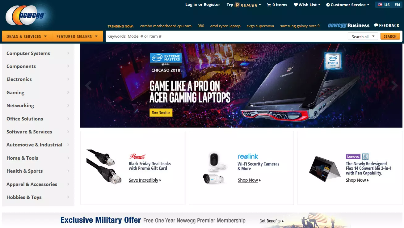 Screenshot of Newegg’s homepage