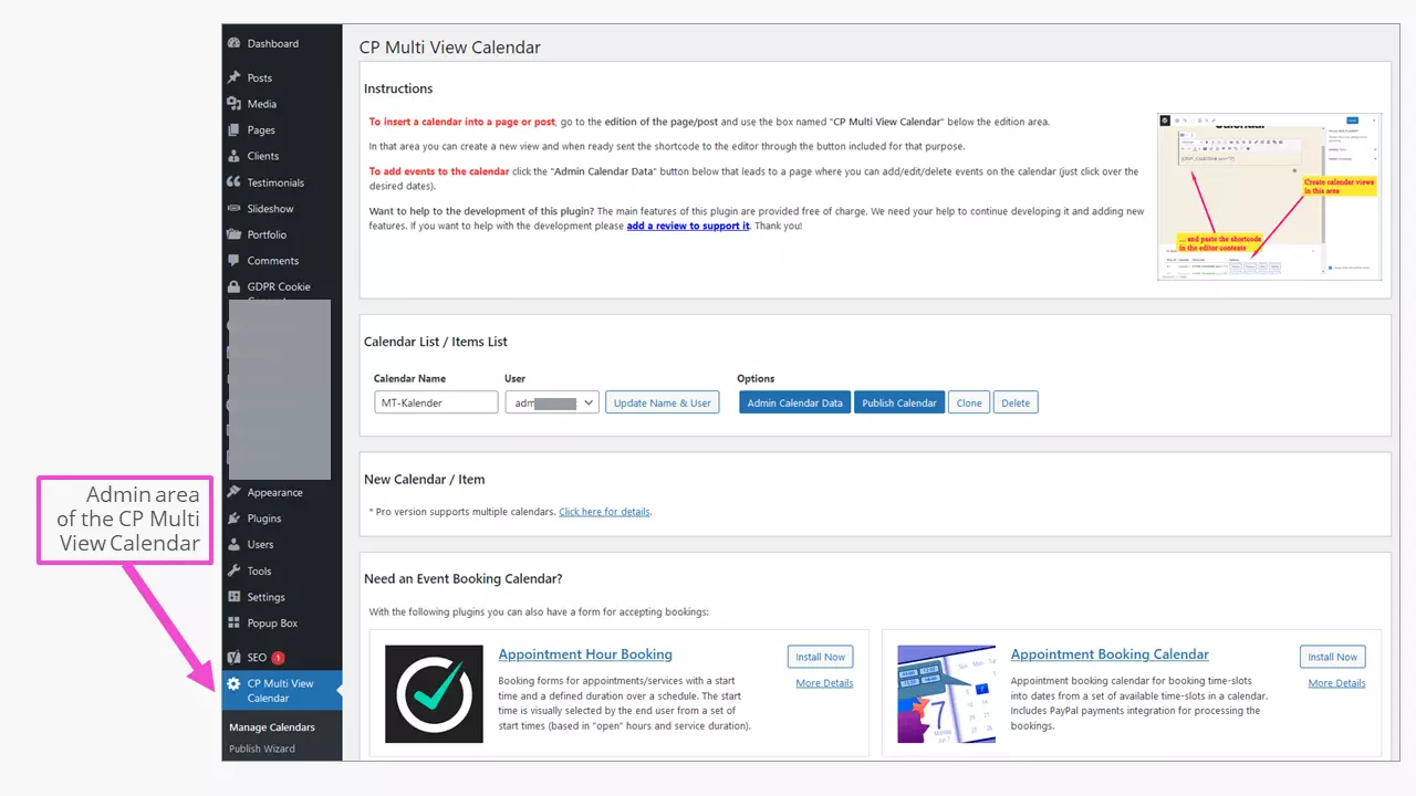 The admin area of the CP Multiview Calendar for WordPress