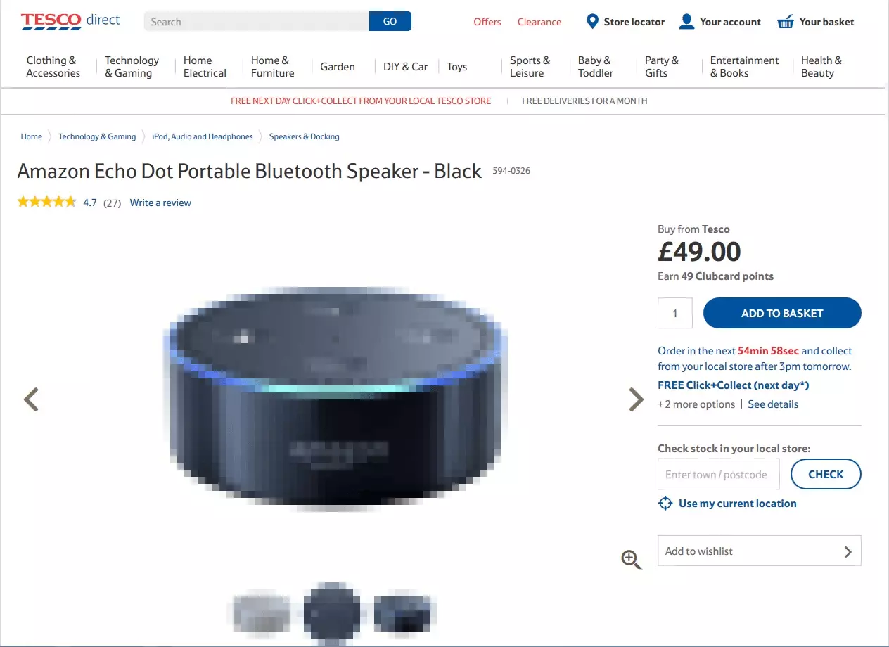 Amazon Echo Dot Portable Bluetooth Speaker on sale on Tesco.com