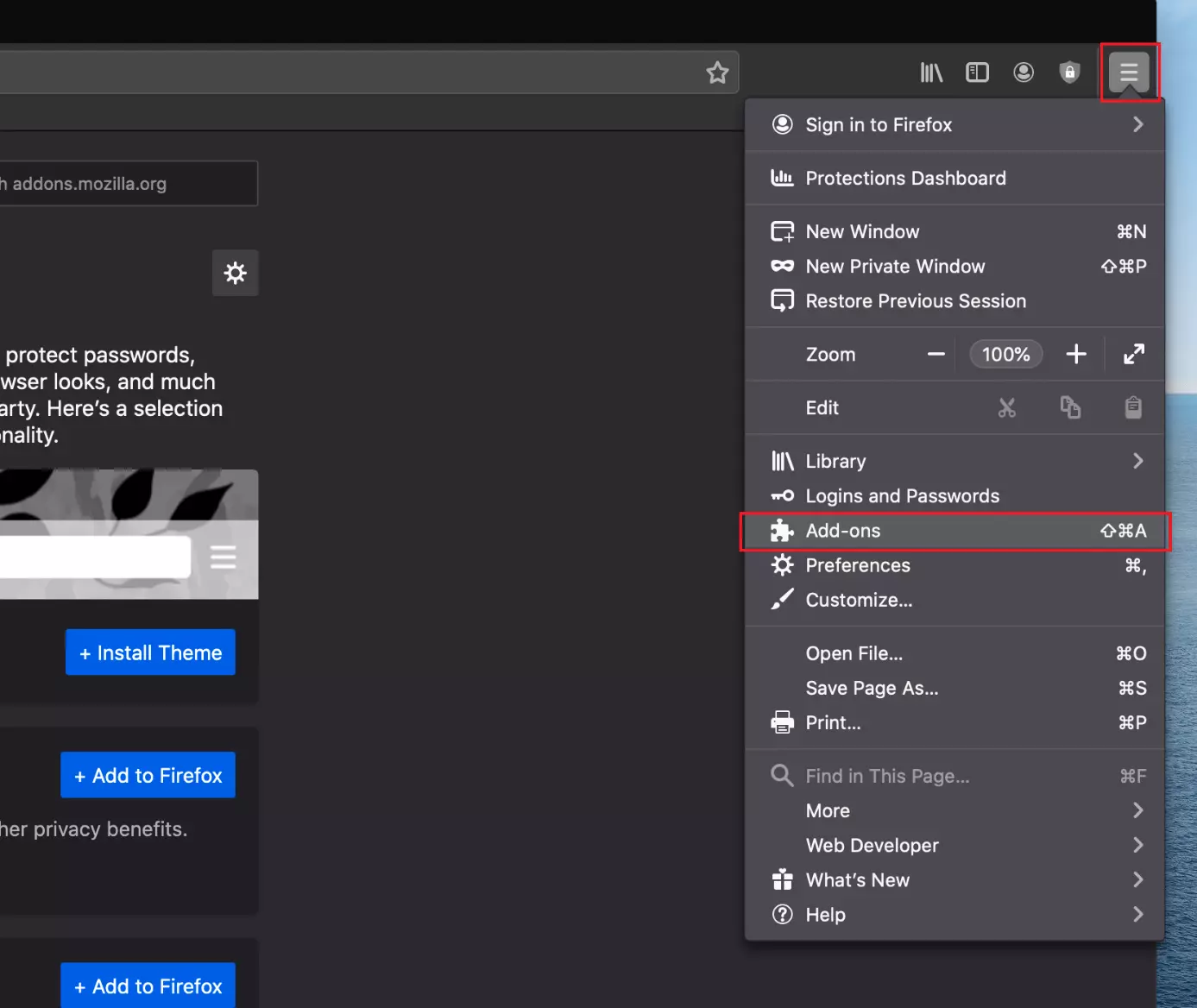 The burger menu with the menu item ‘Add-ons’ in the Firefox browser