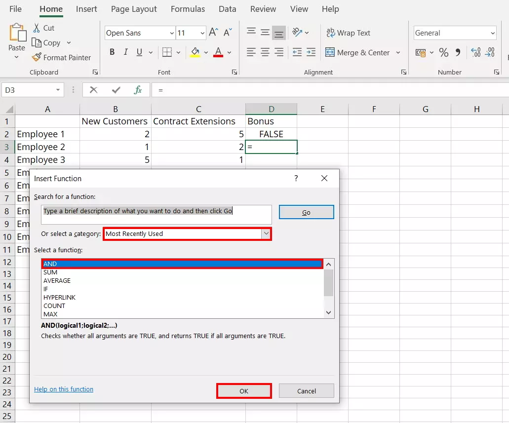 “Insert Function” dialogue box: Excel AND function