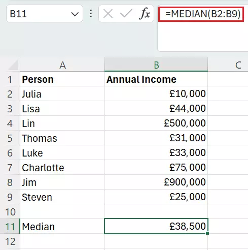 Excel: Calculate median with an even number of values