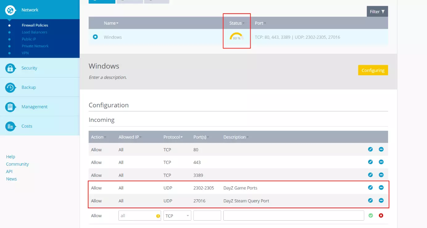 Enabled ports in the IONOS Cloud Panel