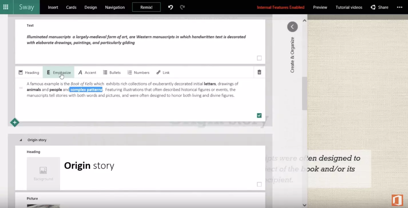 The Microsoft Sway tool in tutorial mode