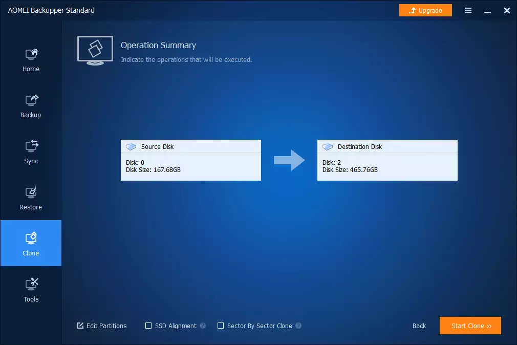 AOMEI Backupper Standard: Cloning operation summary