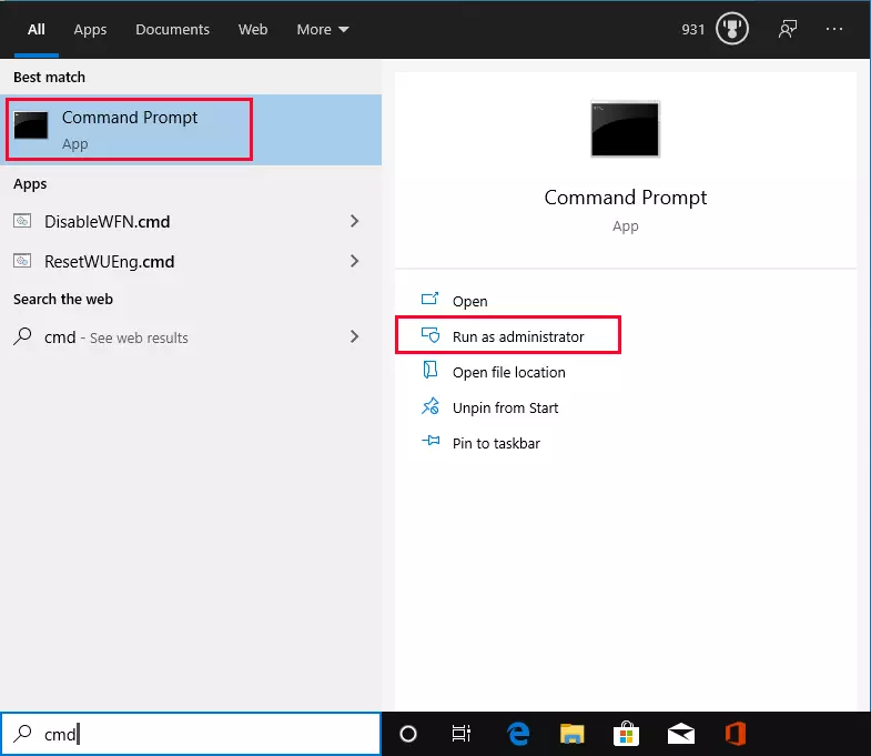 Running Command Prompt from the Windows 10 search box