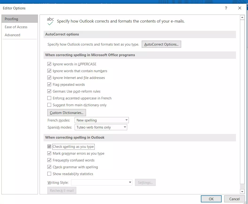 Outlook: Menu ‘Proofing’