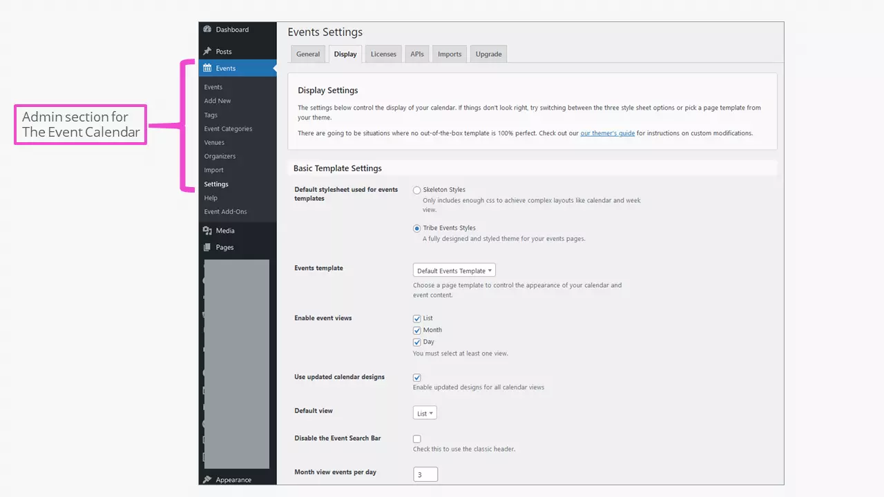 The admin section of The Events Calendar as the central part of a WordPress calendar