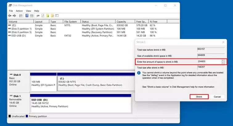 Shrink drive in Windows 11