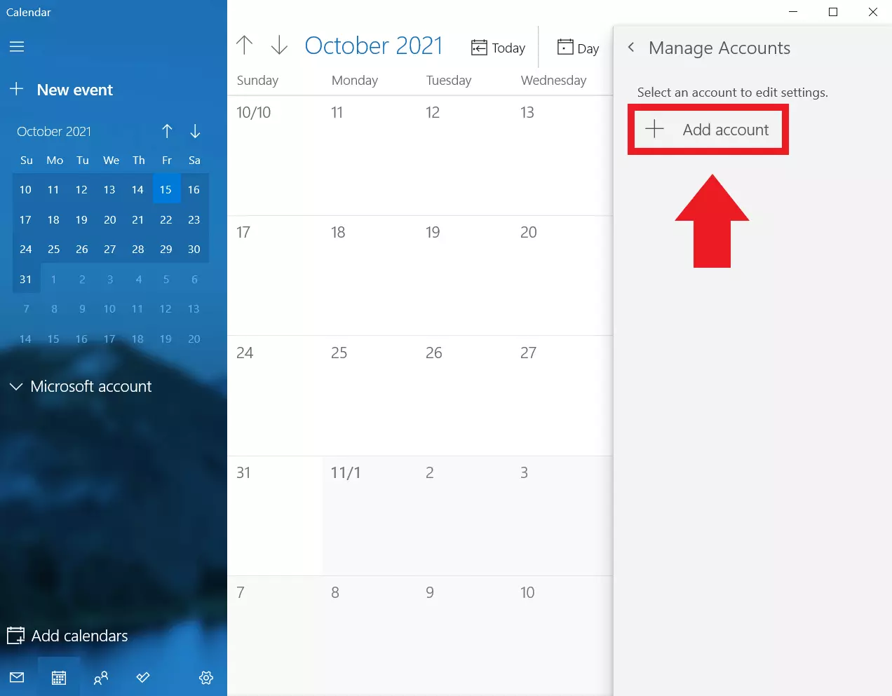 Windows Calendar: ‘Add account’