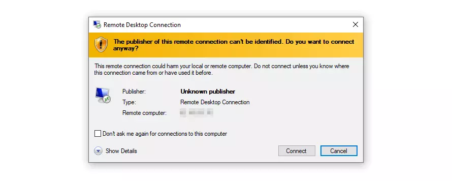 Windows dialogue: Establishing the remote connection to the server