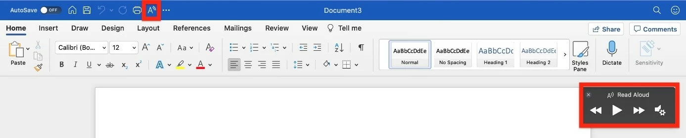 ‘Read Aloud’ function activated in Word with control menu