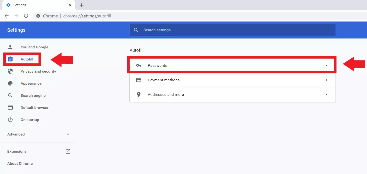 Google Chrome: Settings menu, ‘Autofill’, ‘Passwords’