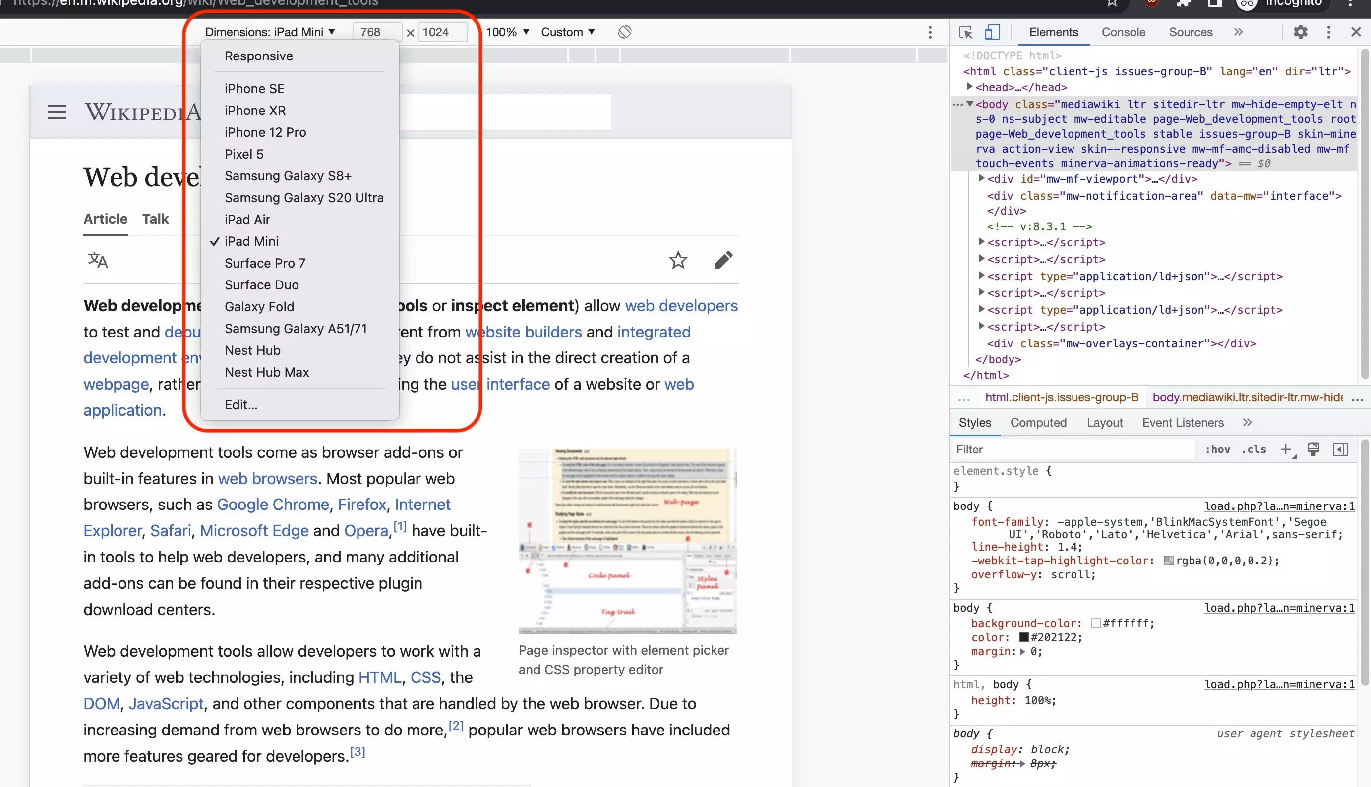 Responsive mode in Chrome Developer Tools