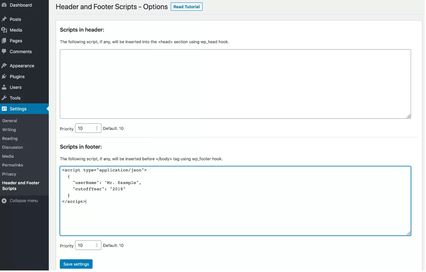 Insert script mark-up in WordPress footer