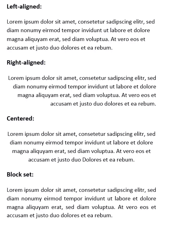 Example text in different alignments: left-aligned, right-aligned, centred, and block set