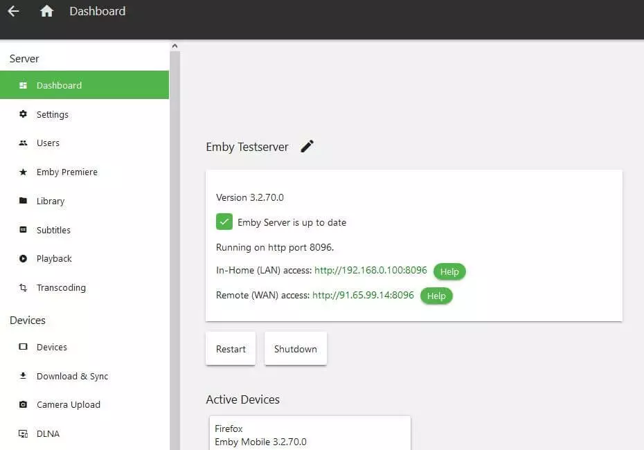 Emby web dashboard