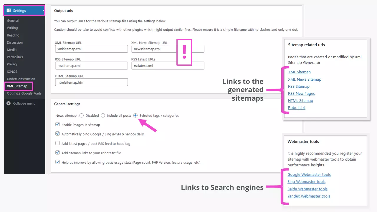 Upper part of the admin interface of the plugin `XML Sitemap Generator for Google´