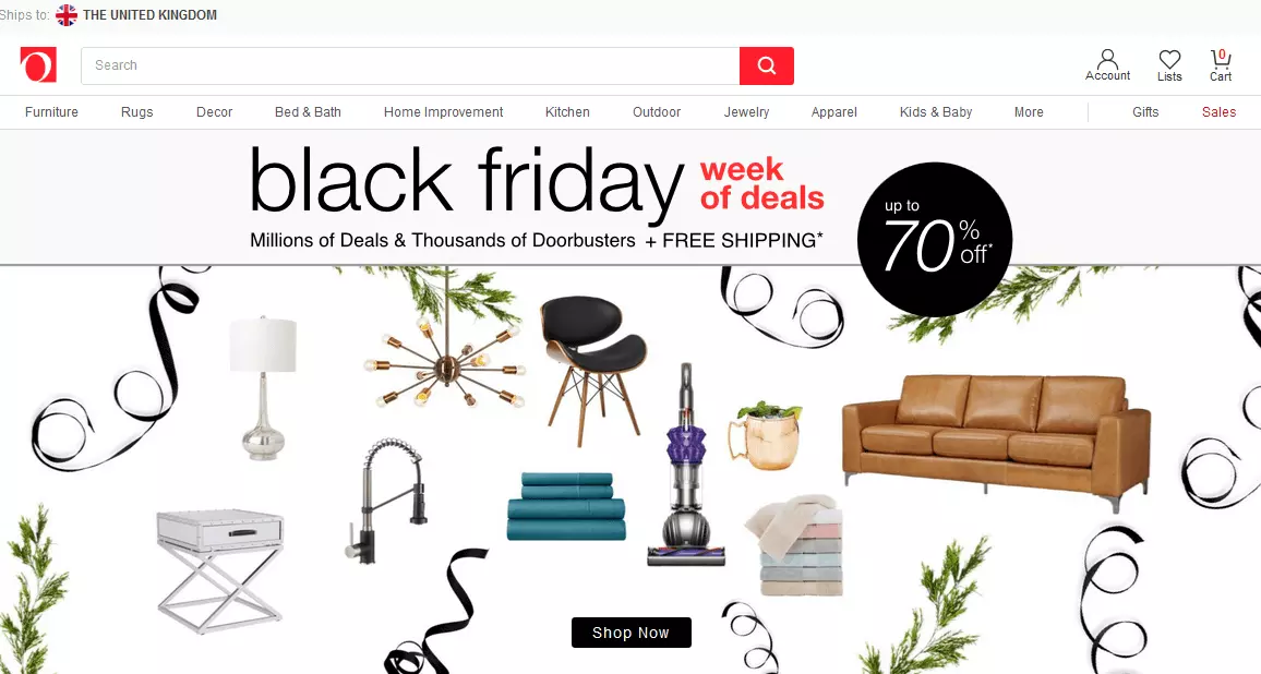 Screenshot of Overstock’s homepage