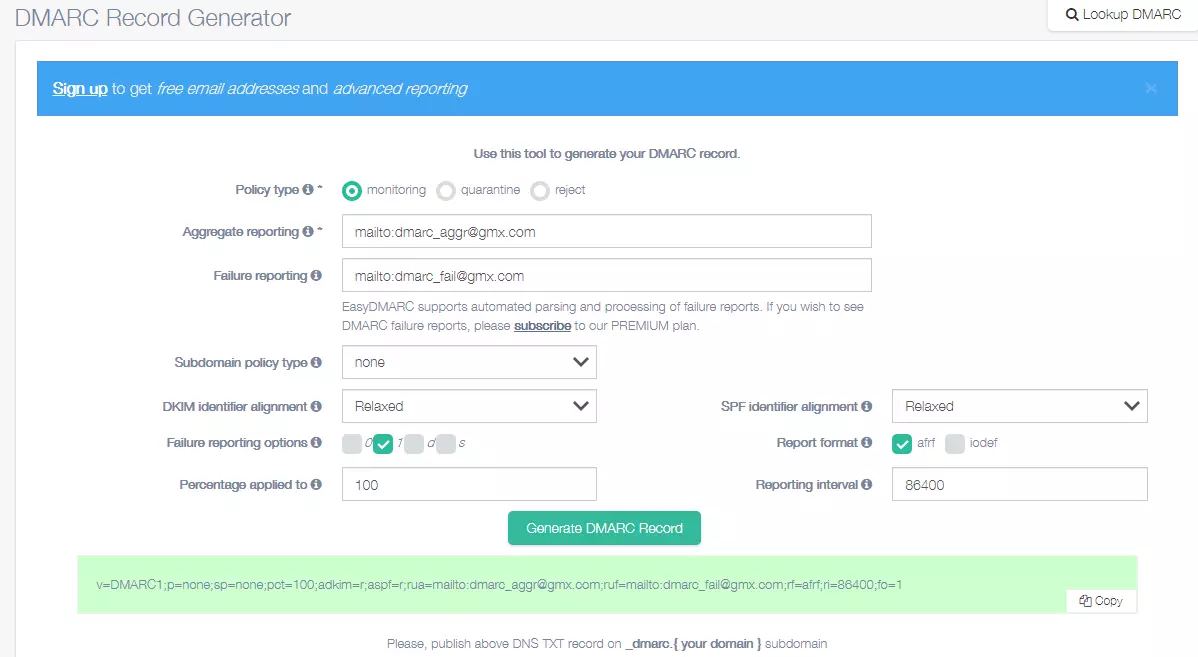 Screenshot of the DMARC Record Generator tool provided by EasyDMARC