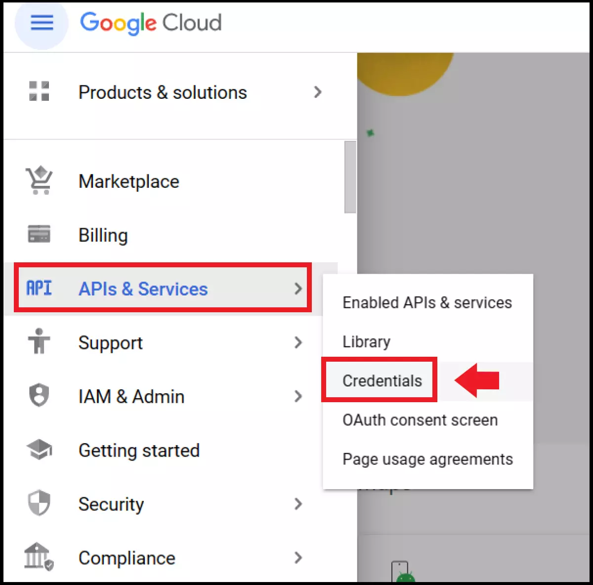 Google Cloud menu with ‘Credentials’ under ‘APIs & Services’