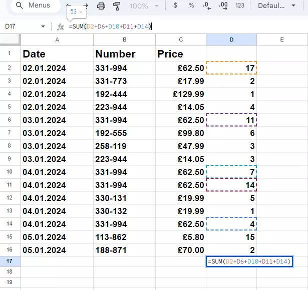 Screenshot of a formula containing a function in Google Sheets