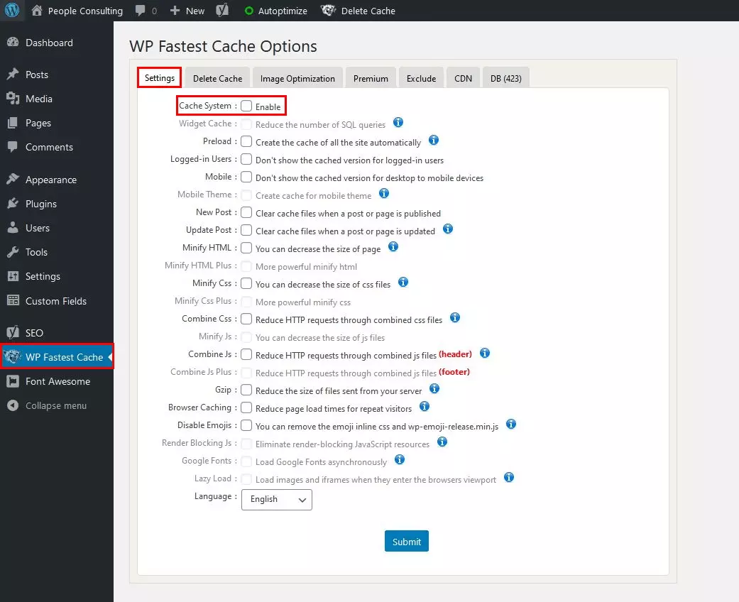 WP Fastest Cache: checkbox for enabling/disabling caching