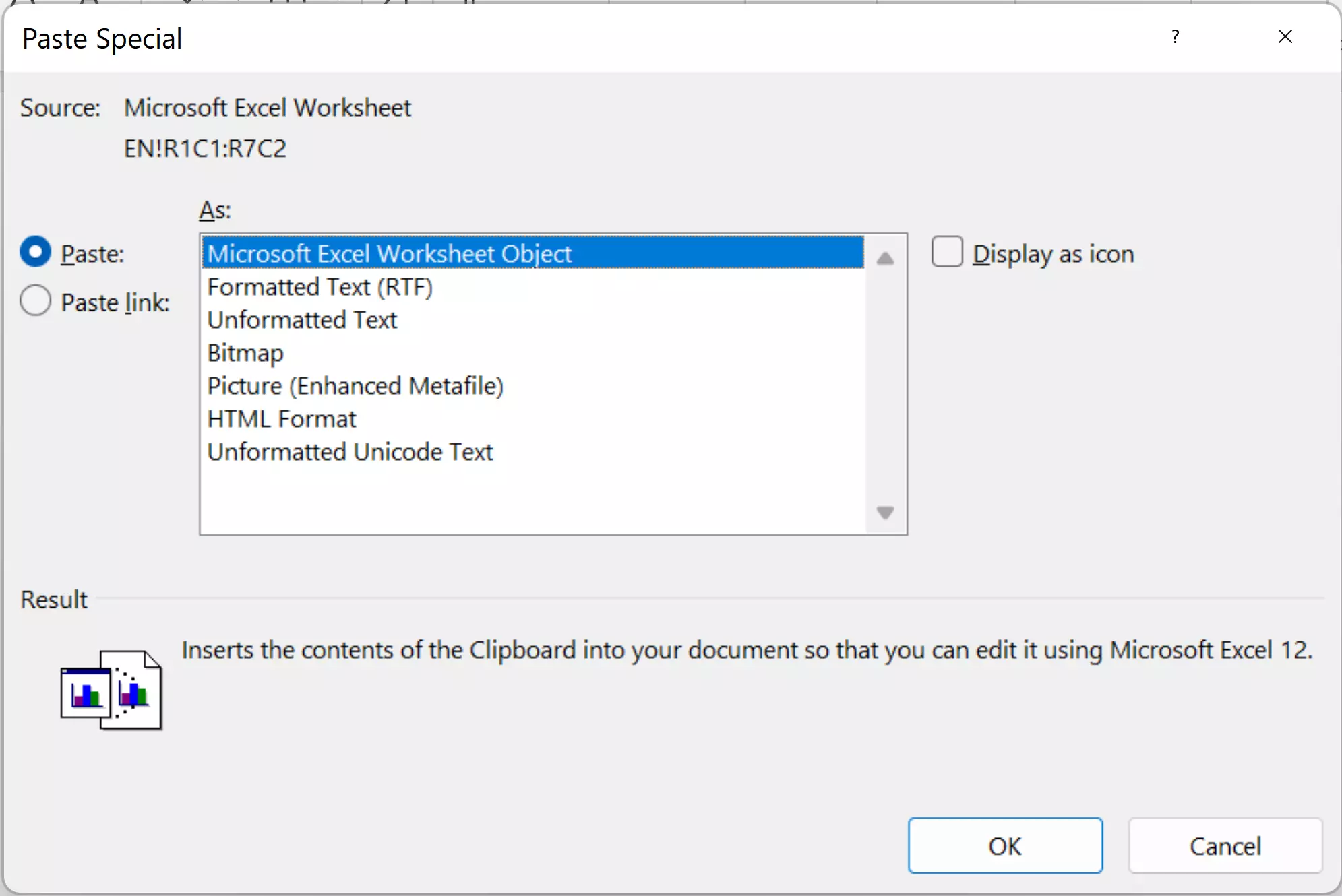 ‘Paste Special’ dialog box in Word