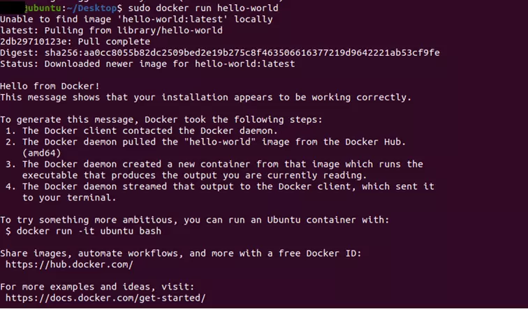 Terminal output after running ‘docker run hello-world’.