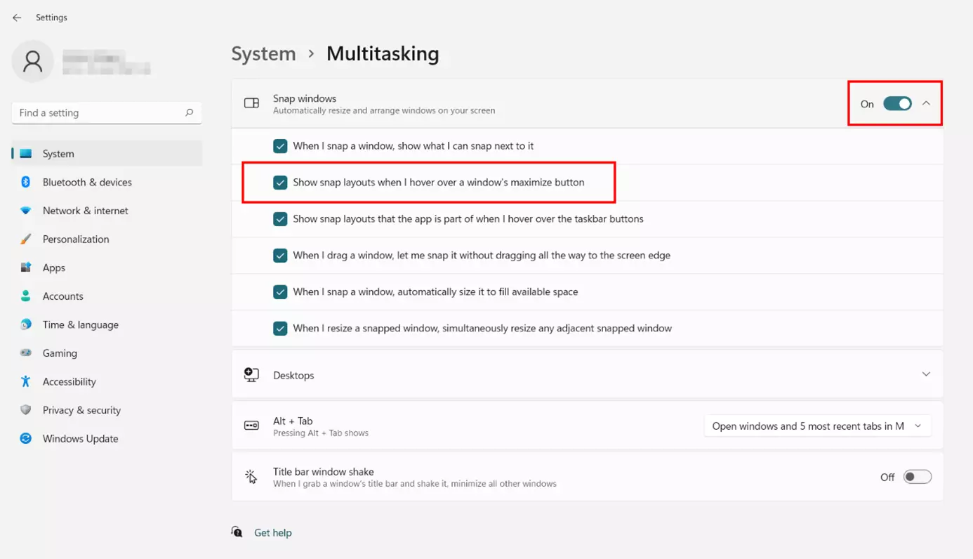 Windows 11: Snap Assist in ‘Multitasking’ menu